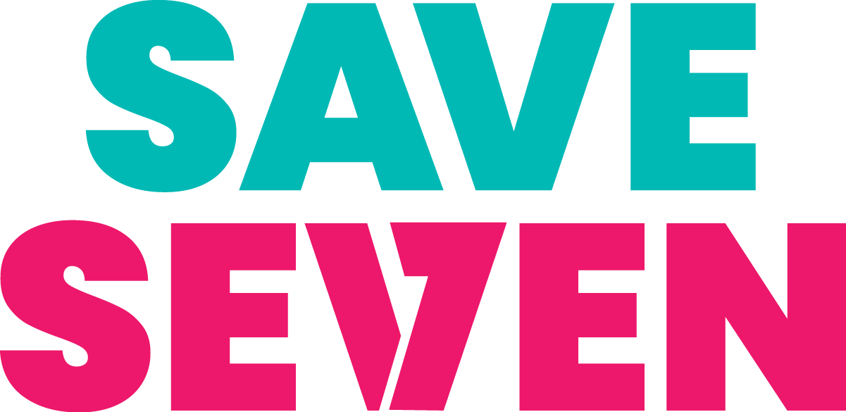 The Save Seven stacked lockup: SAVE over SEVEN in heavy uppercase, the V of SEVEN drawn as a 7.