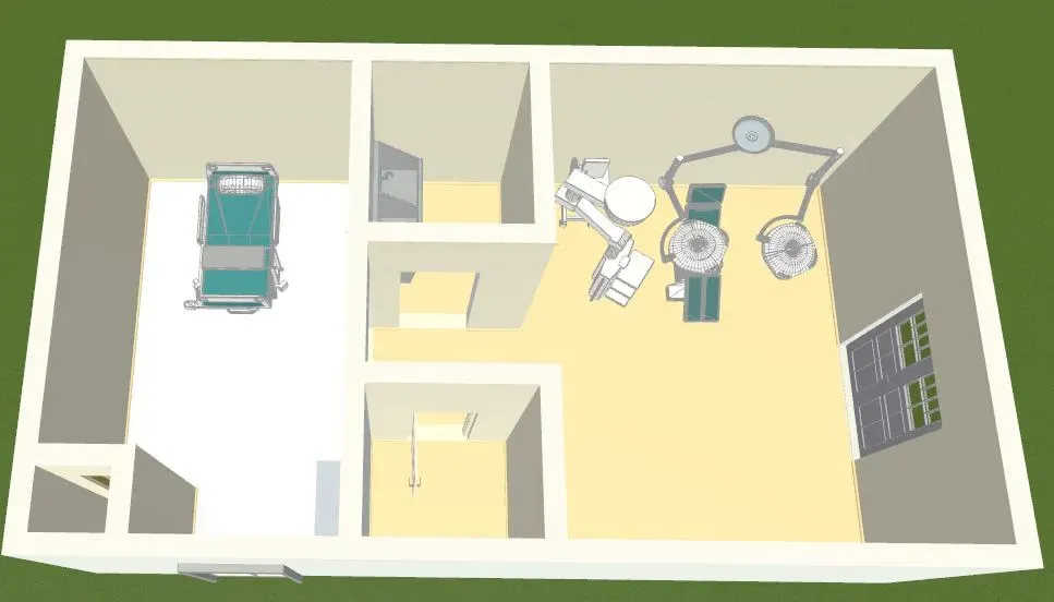 3D model of the planned LifePod layout with an ICU bed and equipment